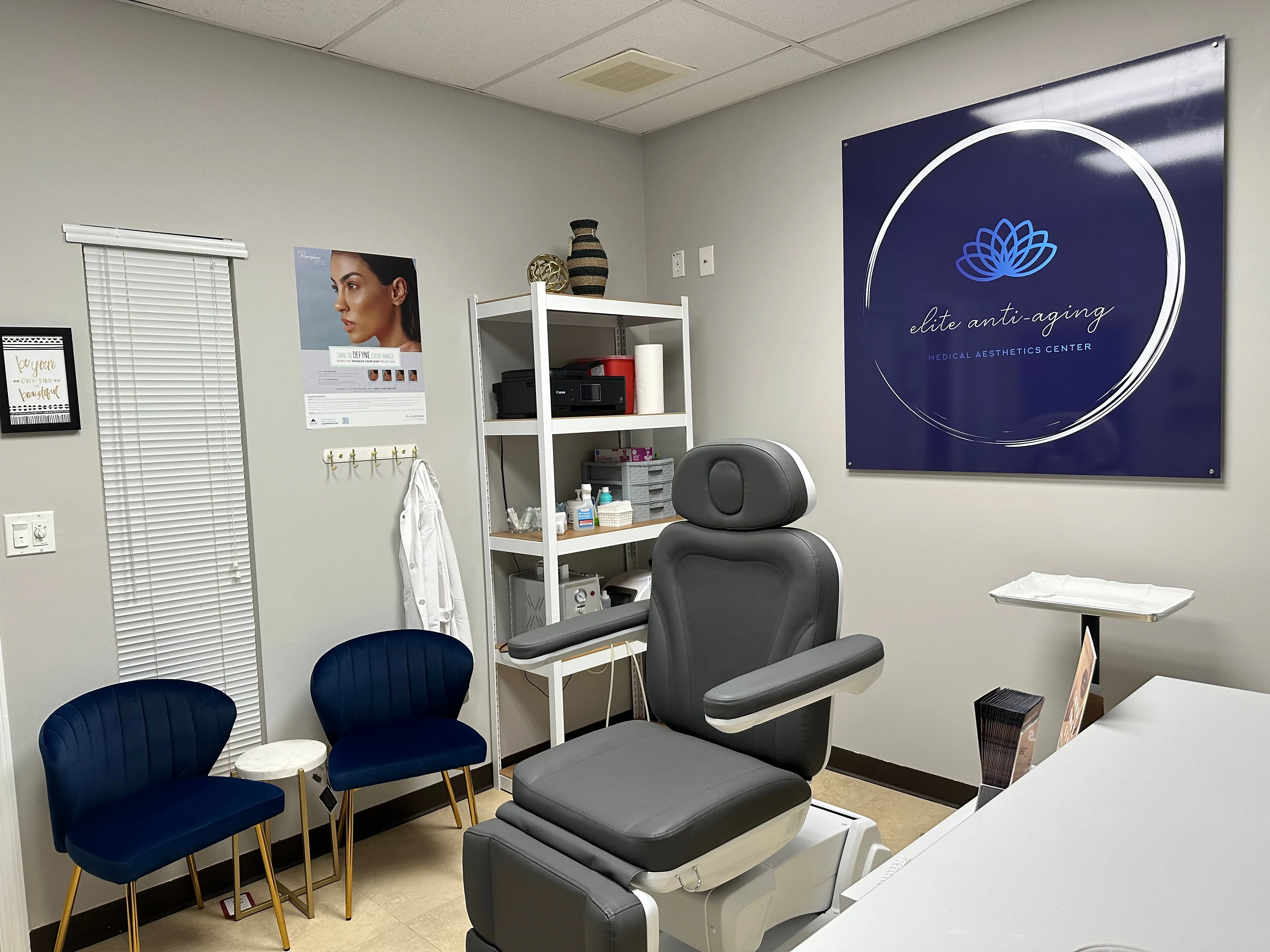 Clean, professional medical spa treatment room with neutral tones at Elite Anti-Aging in Pembroke Pines