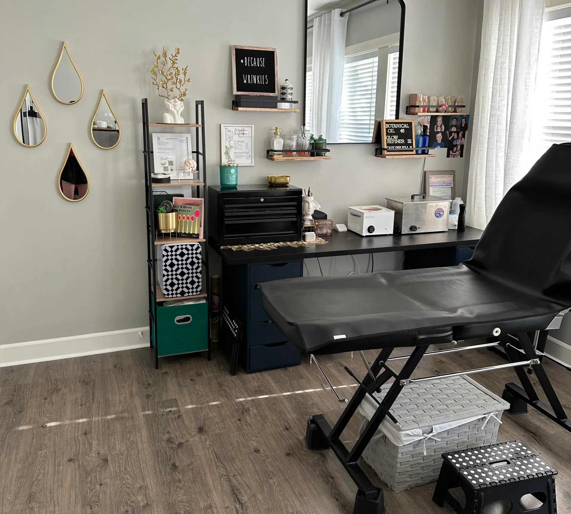 Clean, professional medical spa treatment room with neutral tones at Elevated with Jaymee J. Aesthetics in Mukilteo