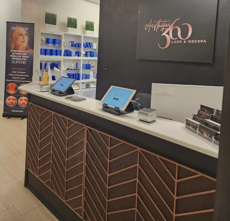 Clean, professional medical spa treatment room with neutral tones at Aesthetics 360 Lash & Med Spa in Parker