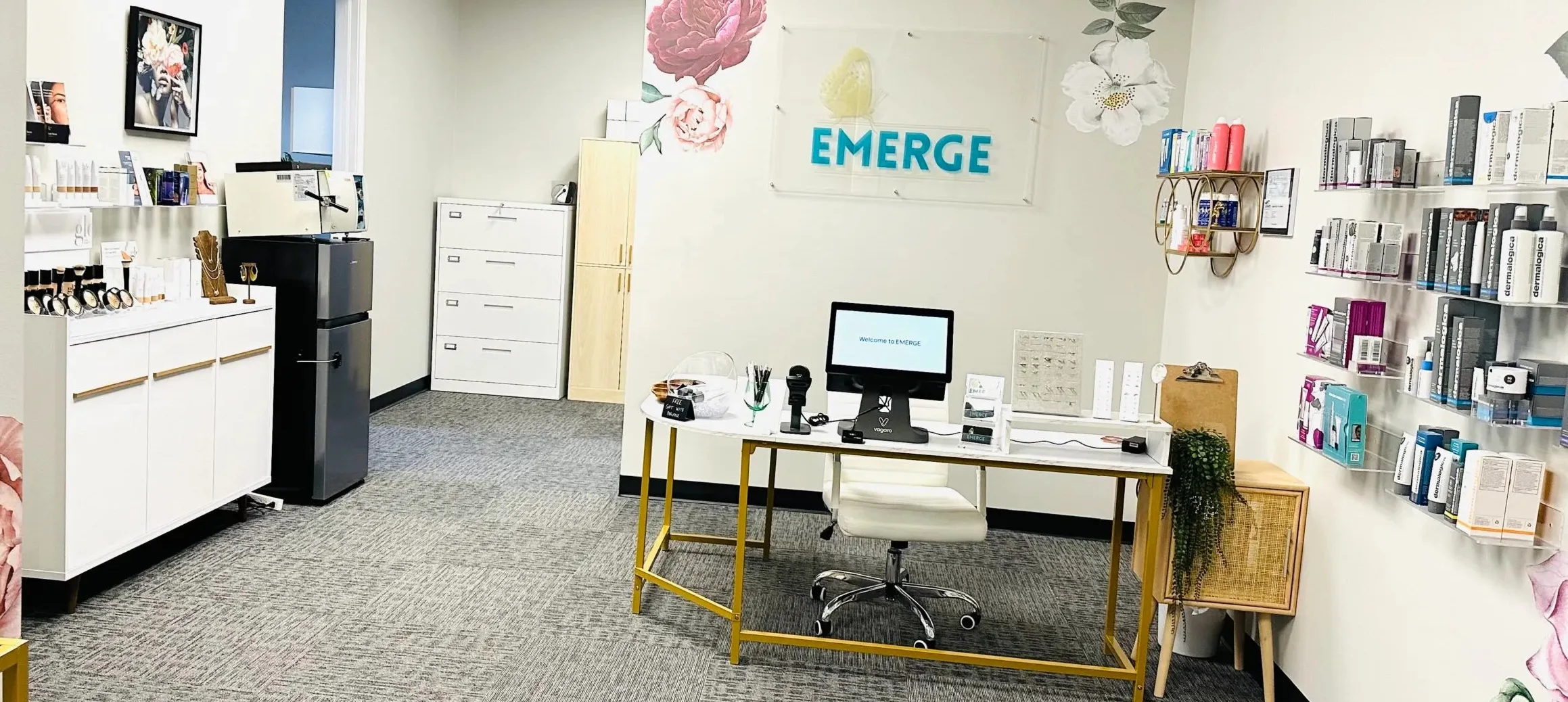 Clean, professional medical spa treatment room with neutral tones at EMERGE in Lafayette