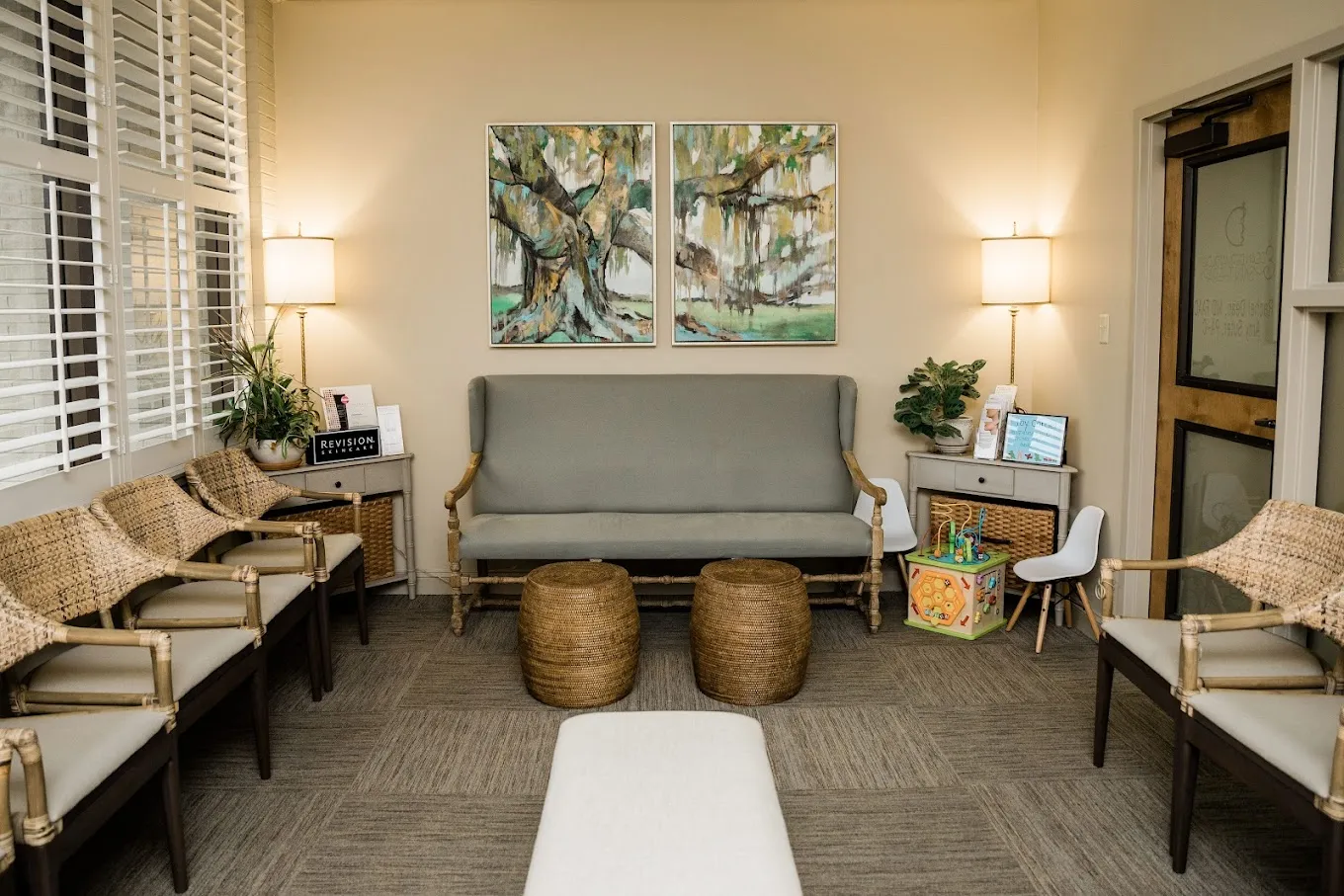 Clean, professional medical spa treatment room with neutral tones at Dean Dermatology in Alexandria
