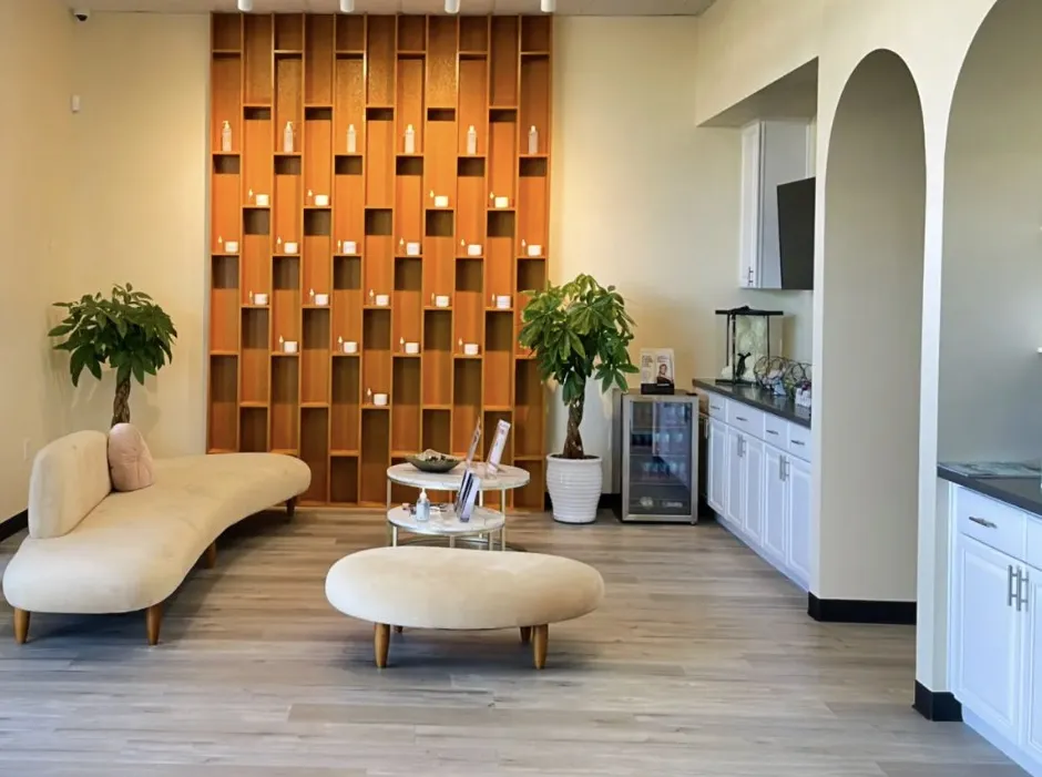 Clean, professional medical spa treatment room with neutral tones at One Beauty in Rowland Heights