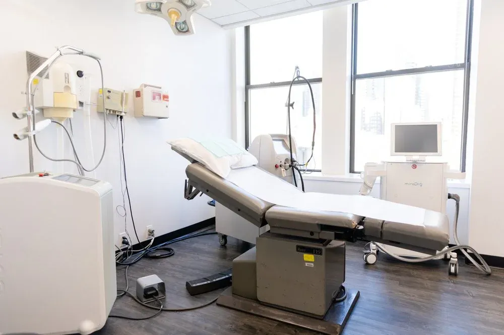 Clean, professional medical spa treatment room with neutral tones at Laser & Skin Surgery Center of NY in New York
