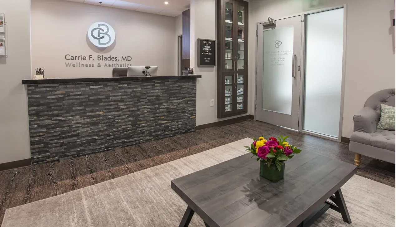 Clean, professional medical spa treatment room with neutral tones at BLADES WELLNESS & AESTHETICS in Cypress