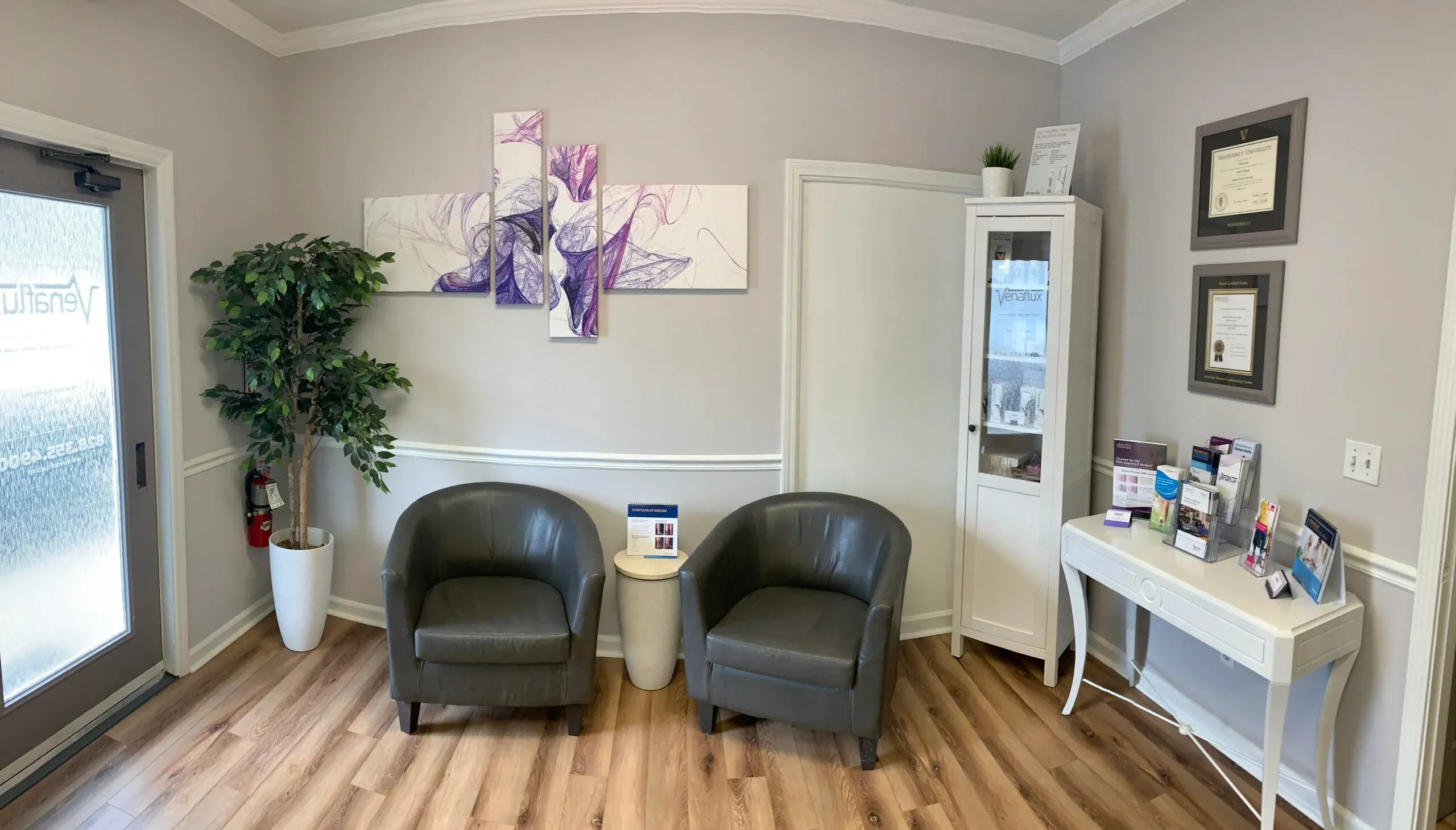 Clean, professional medical spa treatment room with neutral tones at Venaflux, PLLC in Hendersonville