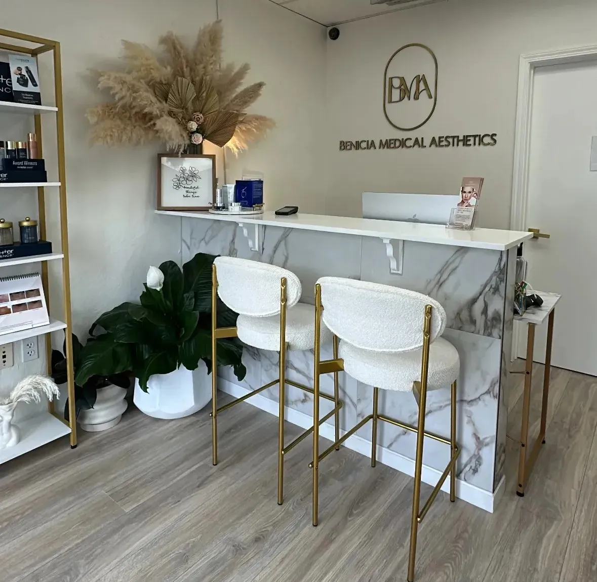 Clean, professional medical spa treatment room with neutral tones at Benicia Medical Aesthetics in Benicia