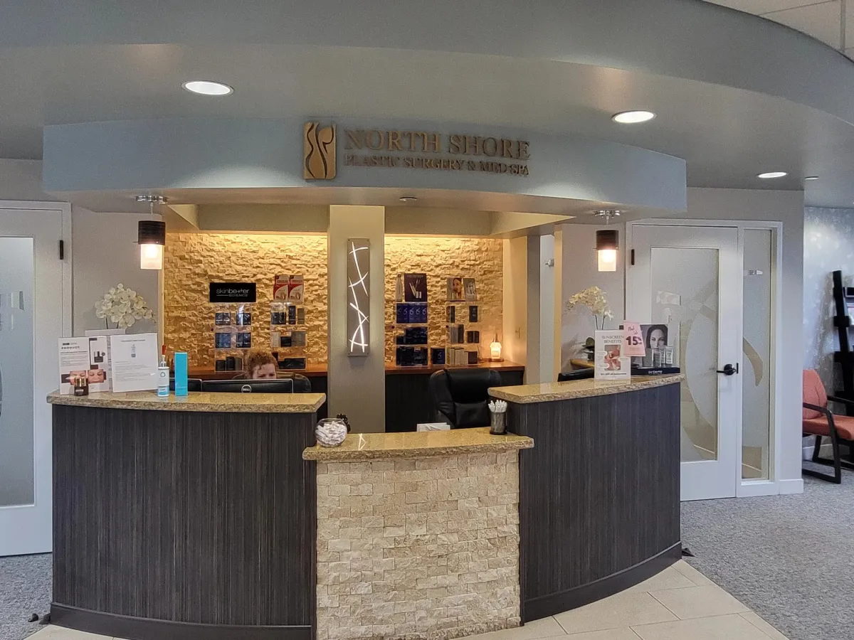 Clean, professional medical spa treatment room with neutral tones at North Shore Plastic Surgery&Med Spa in Peabody