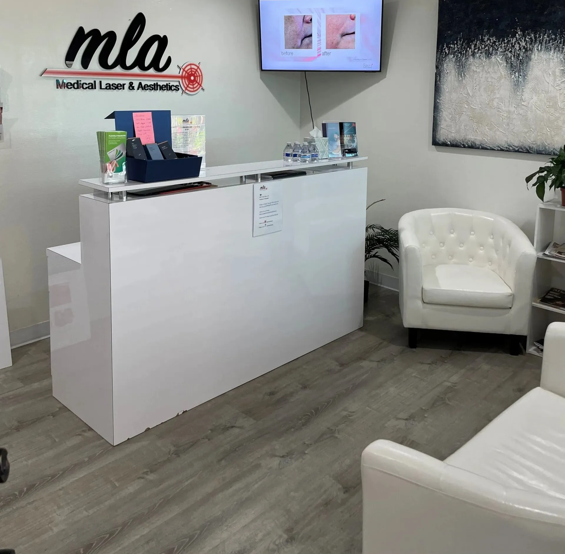 Clean, professional medical spa treatment room with neutral tones at Medical Laser & Aesthetics in Huntington Beach