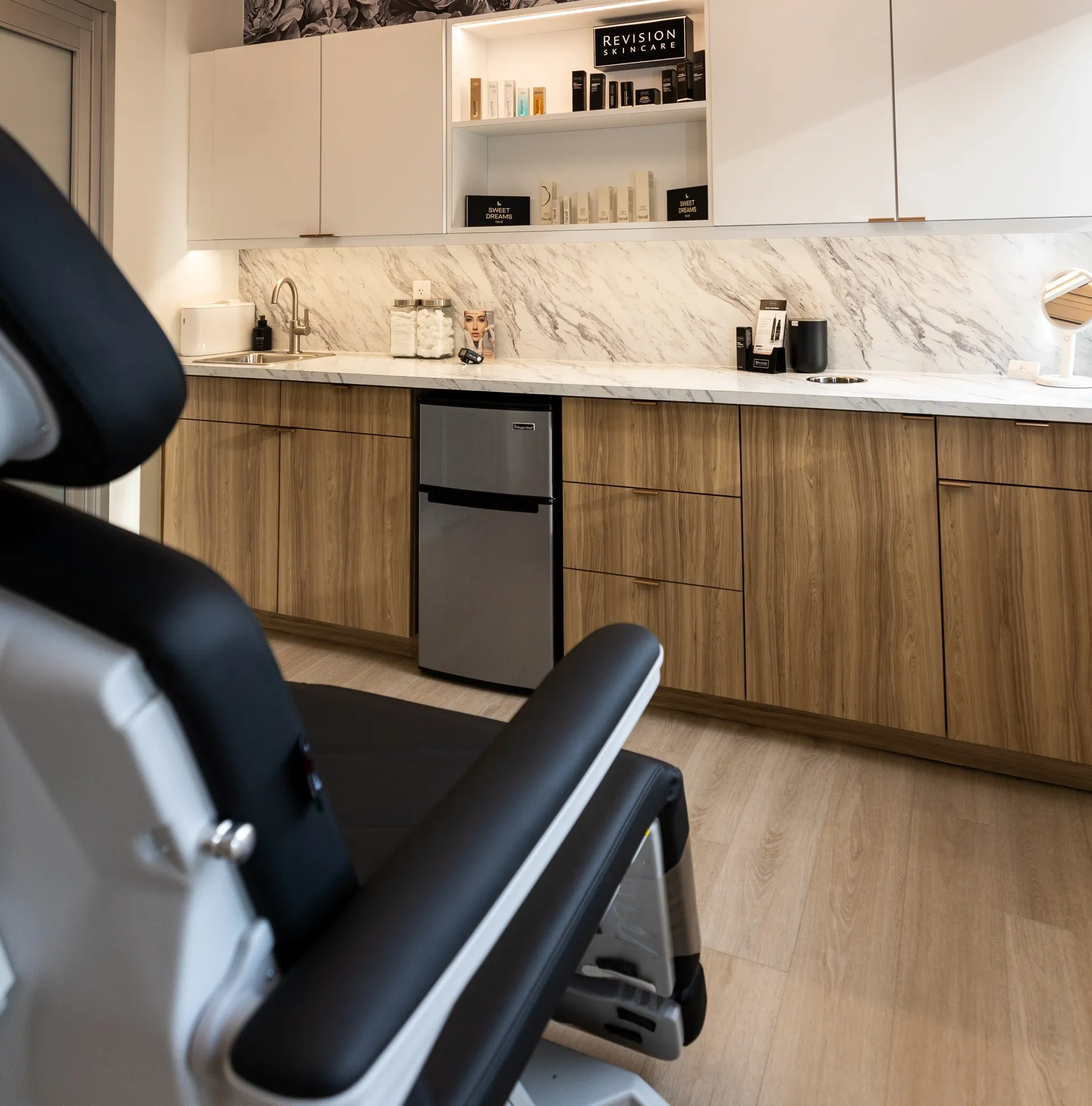 Clean, professional medical spa treatment room with neutral tones at Mountain View Aesthetics in Westminster