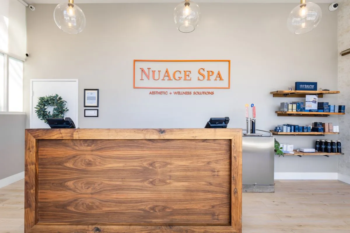 Clean, professional medical spa treatment room with neutral tones at NuAge Spa in Ladera Ranch