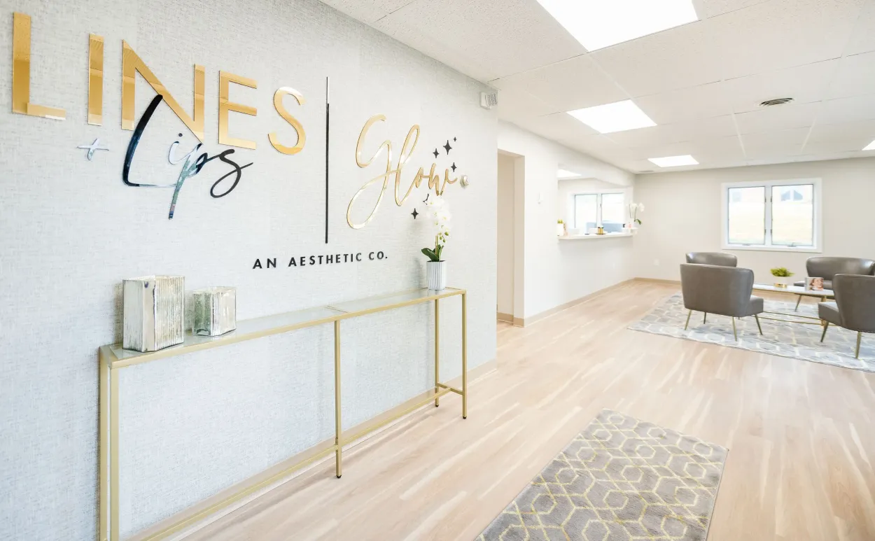 Clean, professional medical spa treatment room with neutral tones at Lines and Lips Aesthetics Co in York