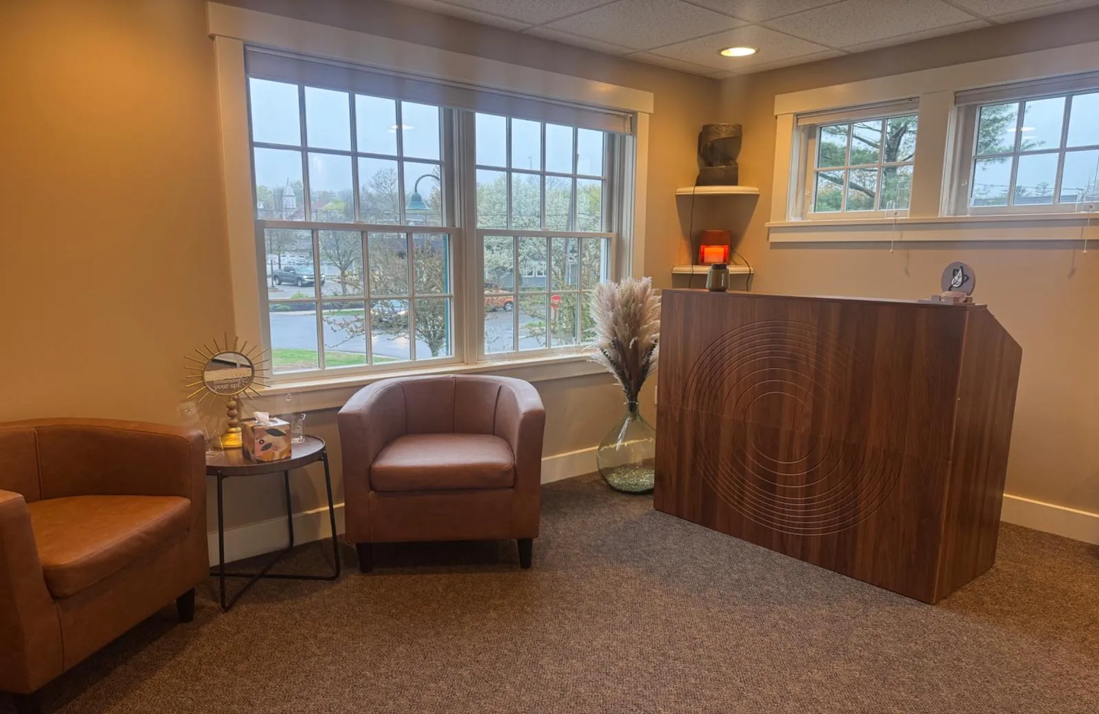 Clean, professional medical spa treatment room with neutral tones at White Elm Dermatology in Gorham