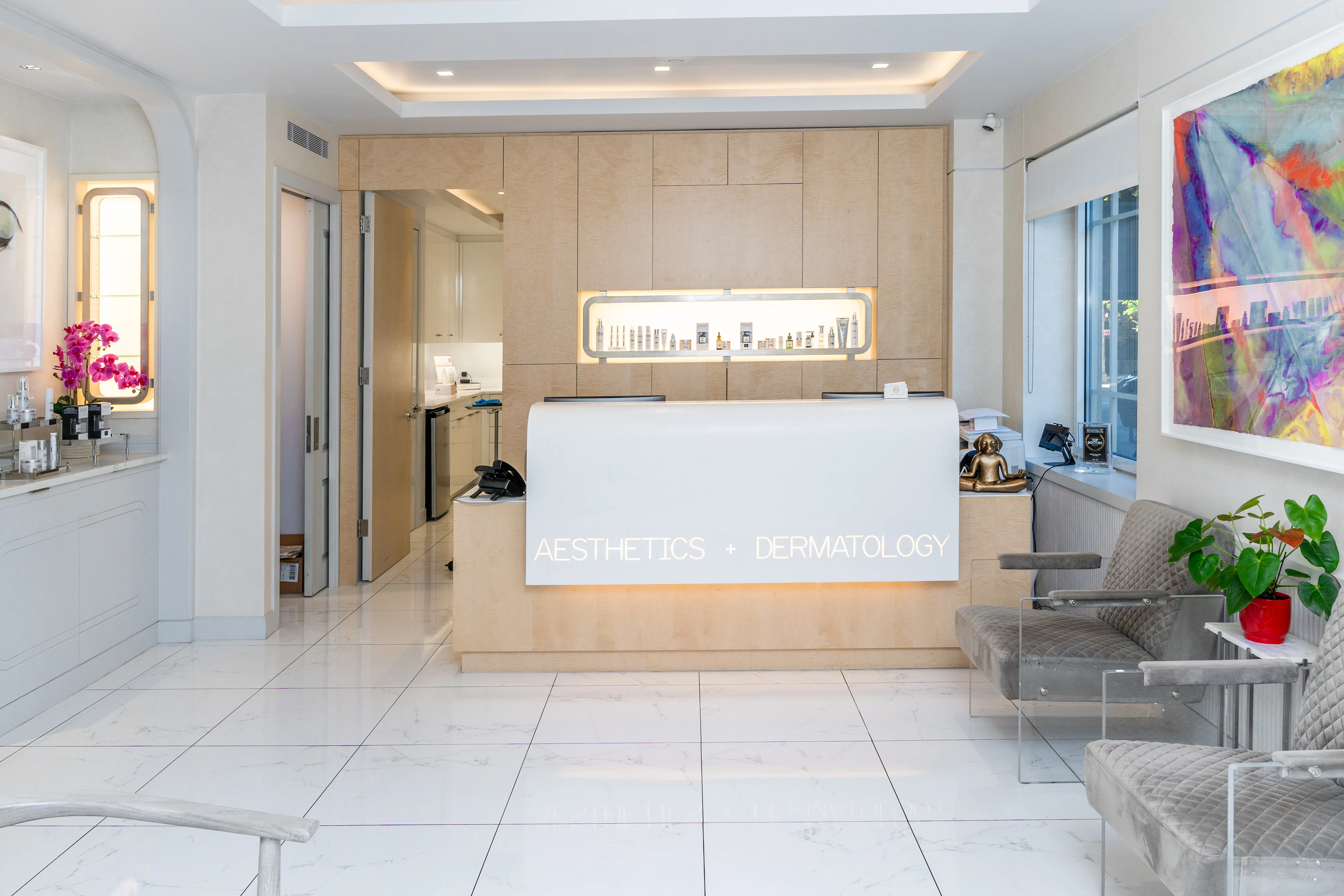 Clean, professional medical spa treatment room with neutral tones at Marie Hayag MD Fifth Ave Aesthetics in New York