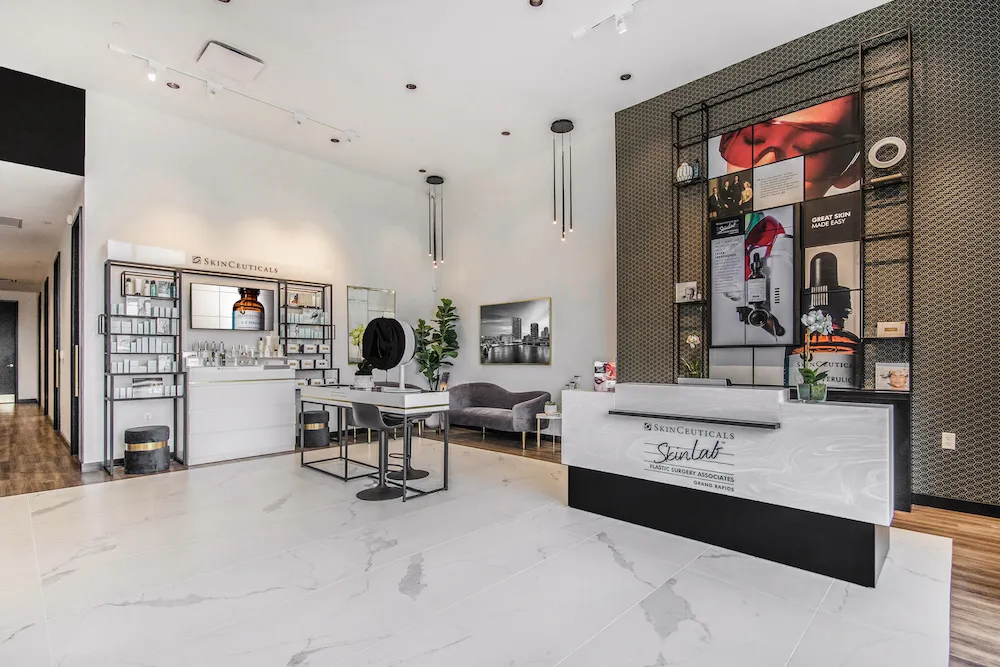 Clean, professional medical spa treatment room with neutral tones at SkinLab in Grand Rapids