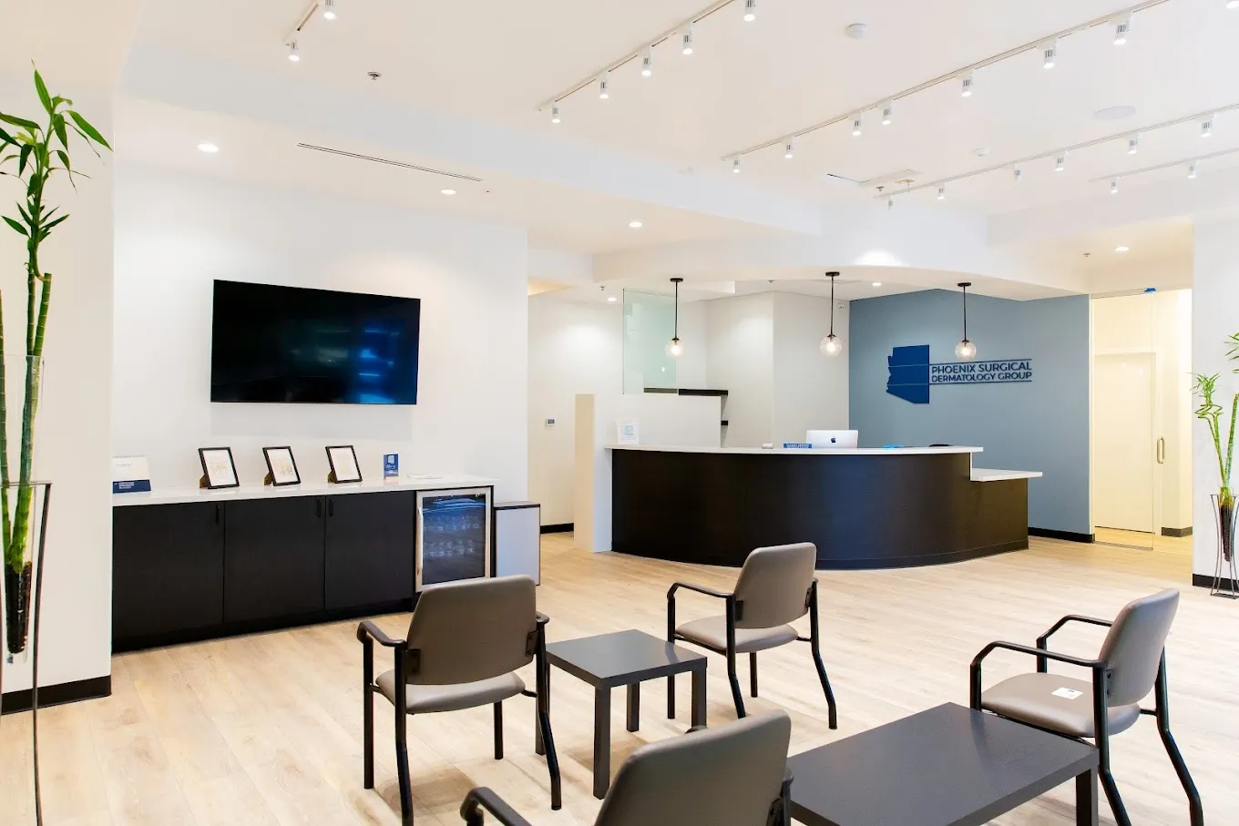 Clean, professional medical spa treatment room with neutral tones at Phoenix Surgical Dermatology Group in Phoenix
